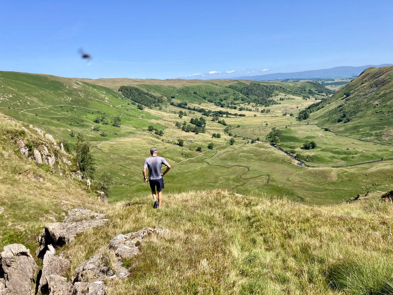 A runner stands on a rocky knoll looking down a long green valley.